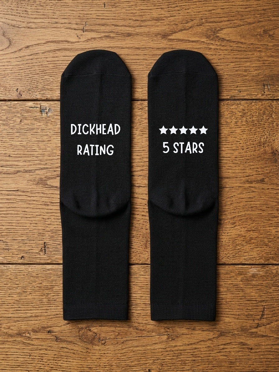 Five Star Dickhead Rating Socks – Rude Novelty Gift – flat lay