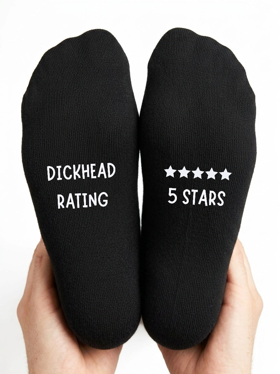 Five Star Dickhead Rating Socks – Rude Novelty Gift – close-up of the wording