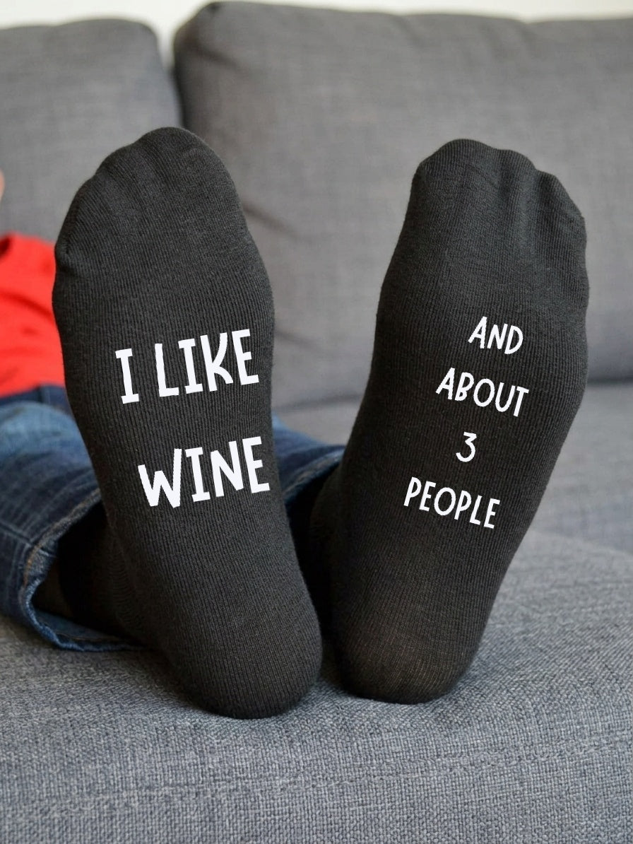 I Like Wine and About 3 People Socks – Funny Gift – sofa lifestyle view