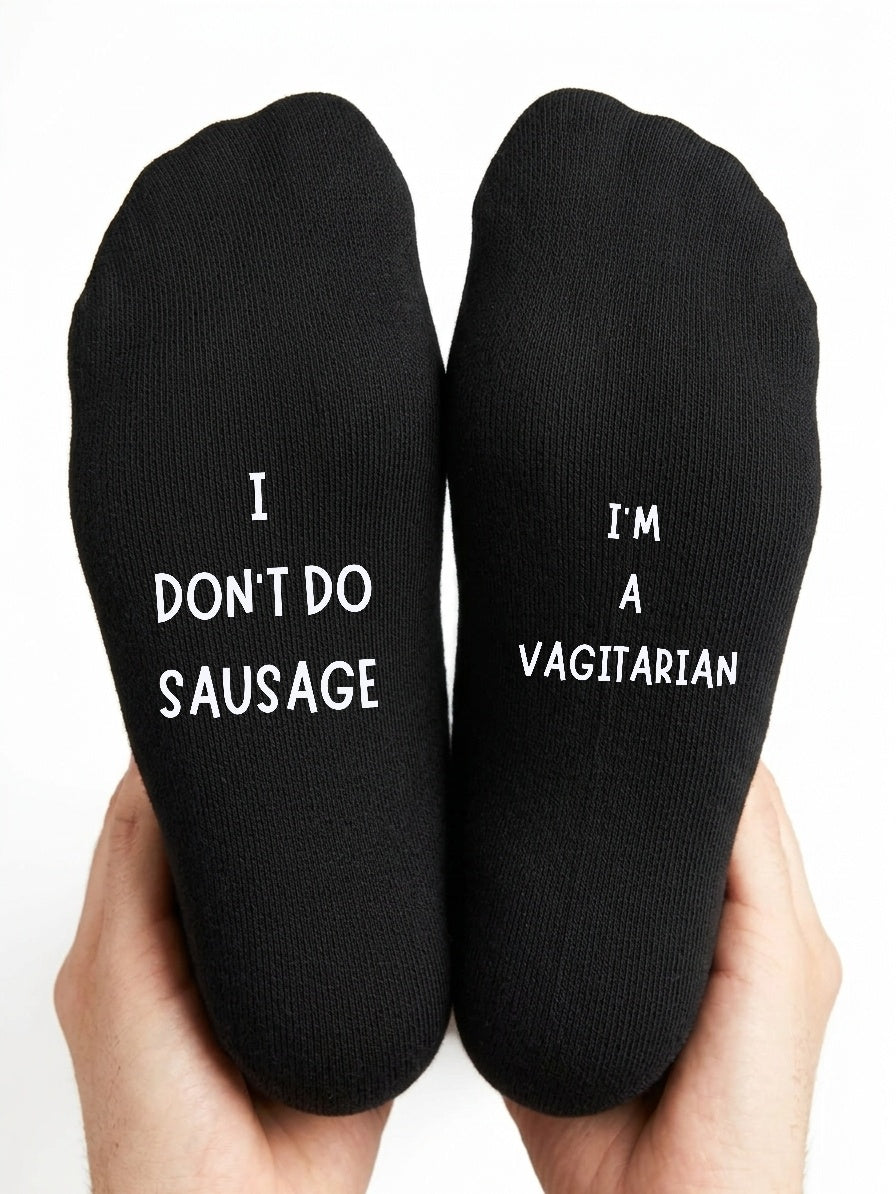 I don't do sausage, I'm a vagitarian black socks — front view