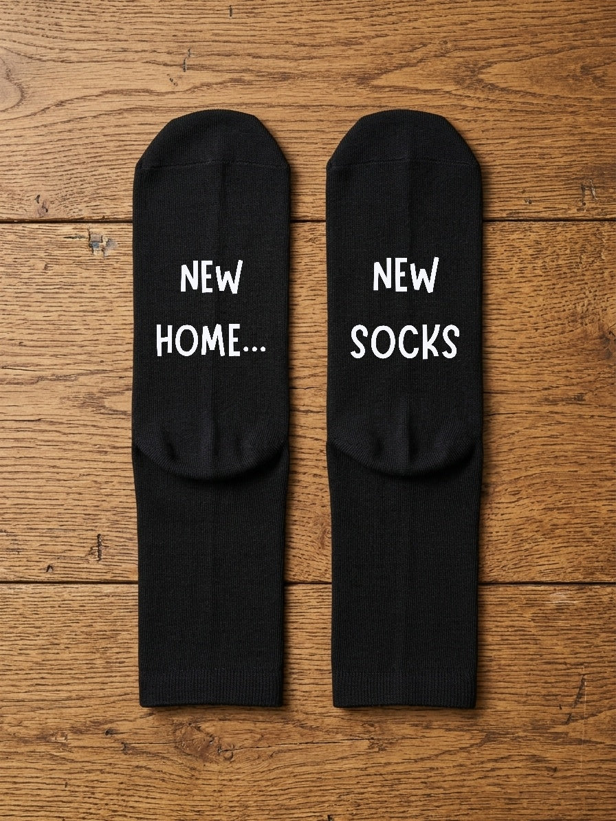 New Home New Socks – Custom Message Housewarming Gift – flat lay