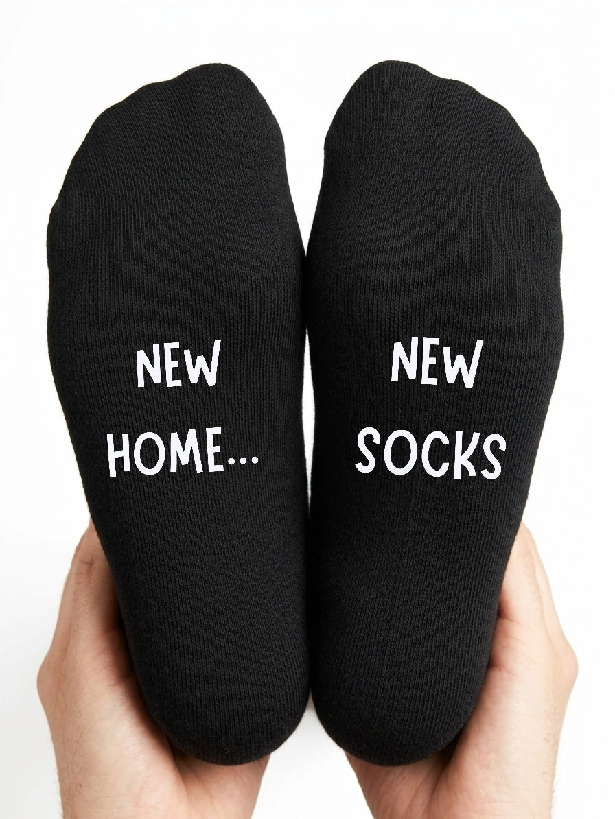 New Home New Socks – Custom Message Housewarming Gift – close-up of the wording