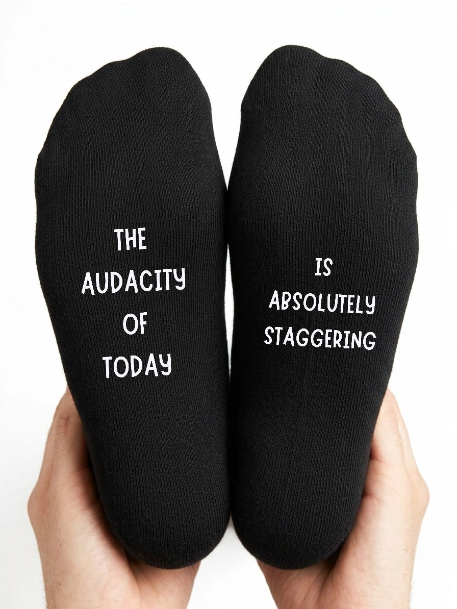 The Audacity of Today Socks – Absolutely Staggering Gift – close-up of the wording