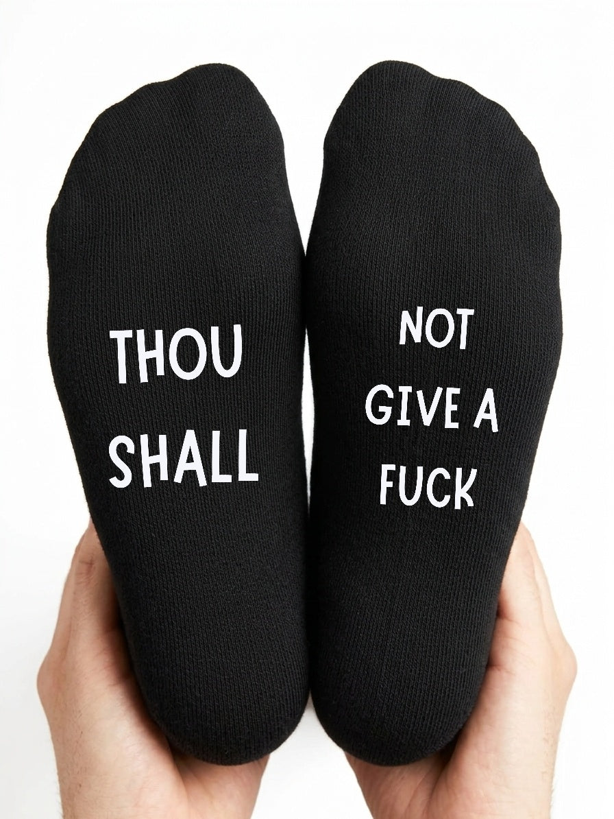 Thou Shall Not Give a Fuck Socks – Rude Message Gift – close-up of the wording