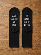 Make Yourself at Home Socks – Fuck Off by 9pm Gift – flat lay