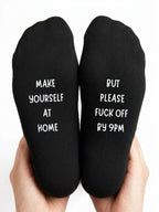 Make Yourself at Home Socks – Fuck Off by 9pm Gift – close-up of the wording