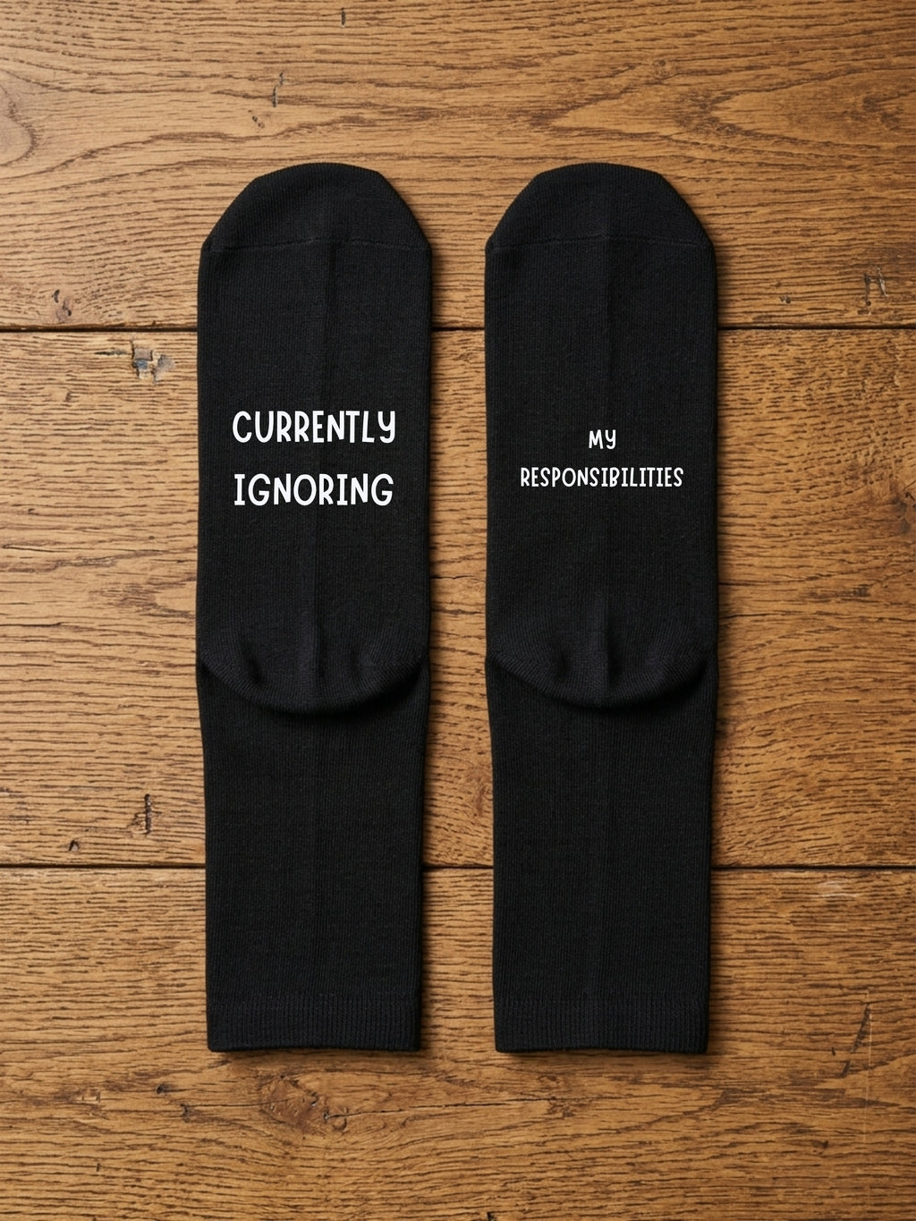 Currently Ignoring My Responsibilities Socks – Funny Gift — flat-lay view