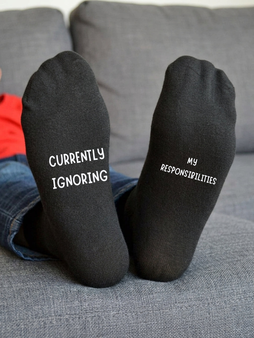 Currently Ignoring My Responsibilities Socks – Funny Gift — sofa view