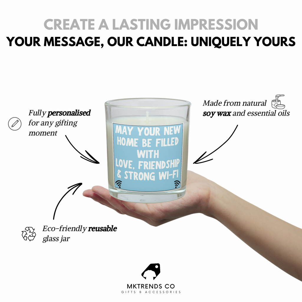 Strong Wi-Fi new home candle showing reusable glass jar