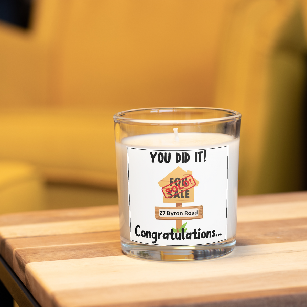 Personalised You Did It new home address candle in a home setting