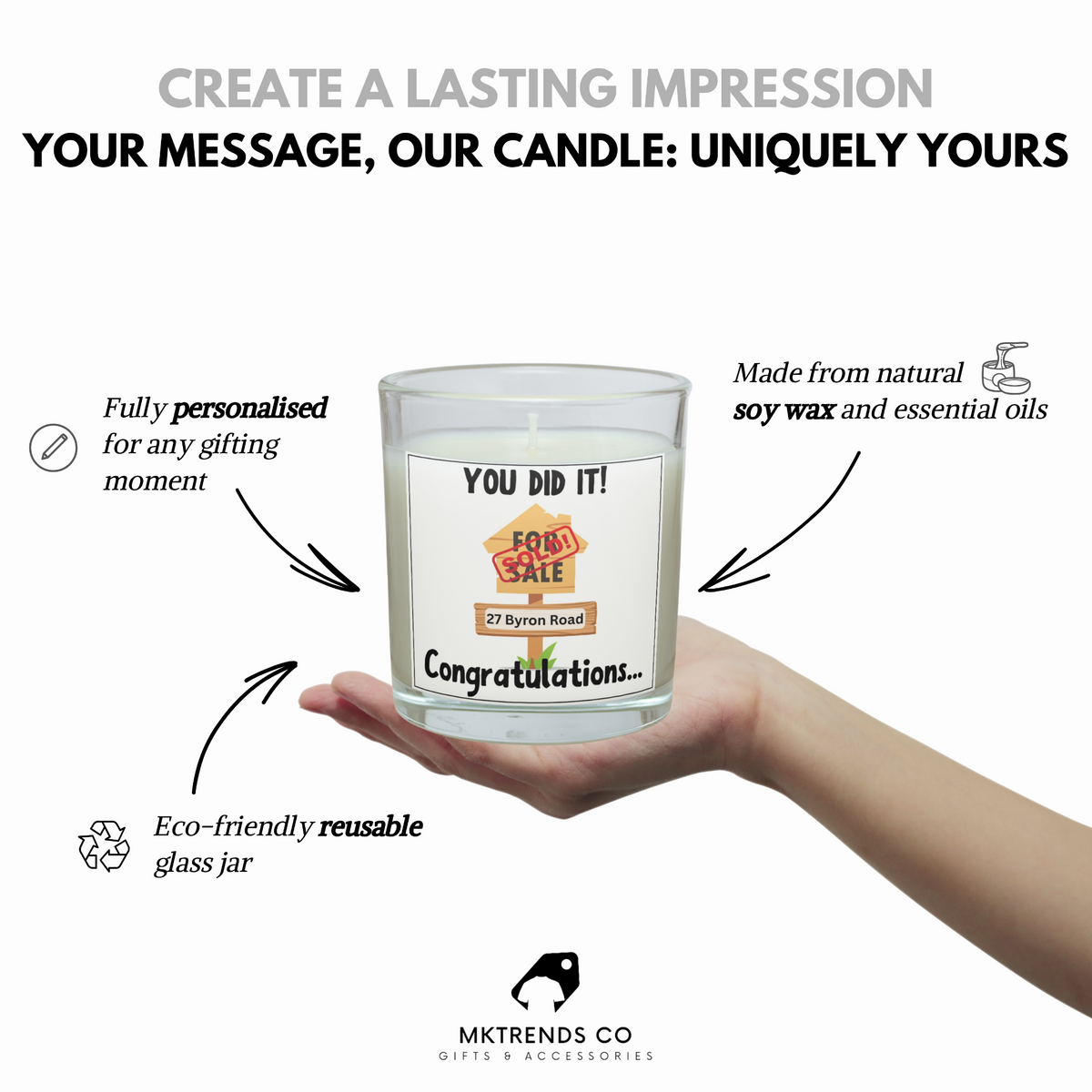 Personalised You Did It new home candle showing custom address and reusable glass jar