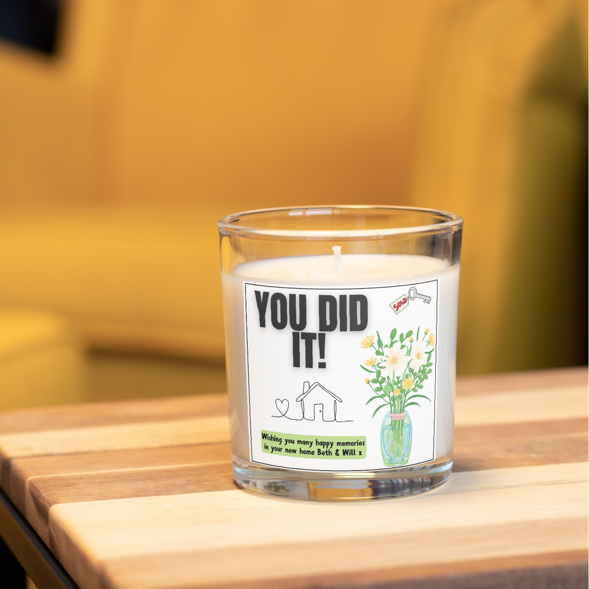 Personalised You Did It new home candle in a home setting