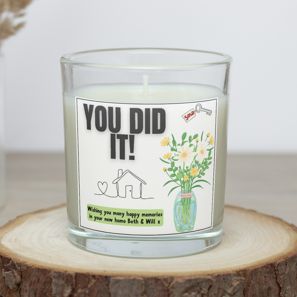 Personalised You Did It new home candle with flowers and house design